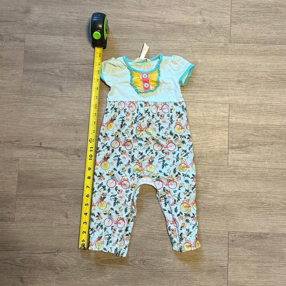 Matilda Jane 6-12 mo long pants romper snap bottom, bicycle/floral teal/yellow - Picture 5 of 6